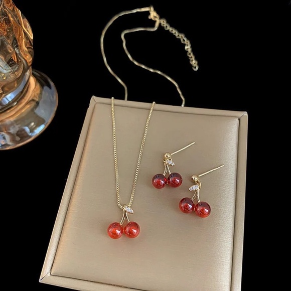 NEW Minimalist Gold Plated Wine Red Cherries Pendant Necklace/Earrings Set - Picture 8 of 13